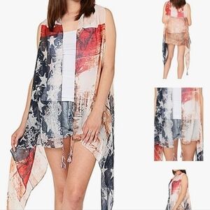 Top Shop World Women's Red Blue USA Flag Theme Vintage Kimono Shawl Vest OSFM